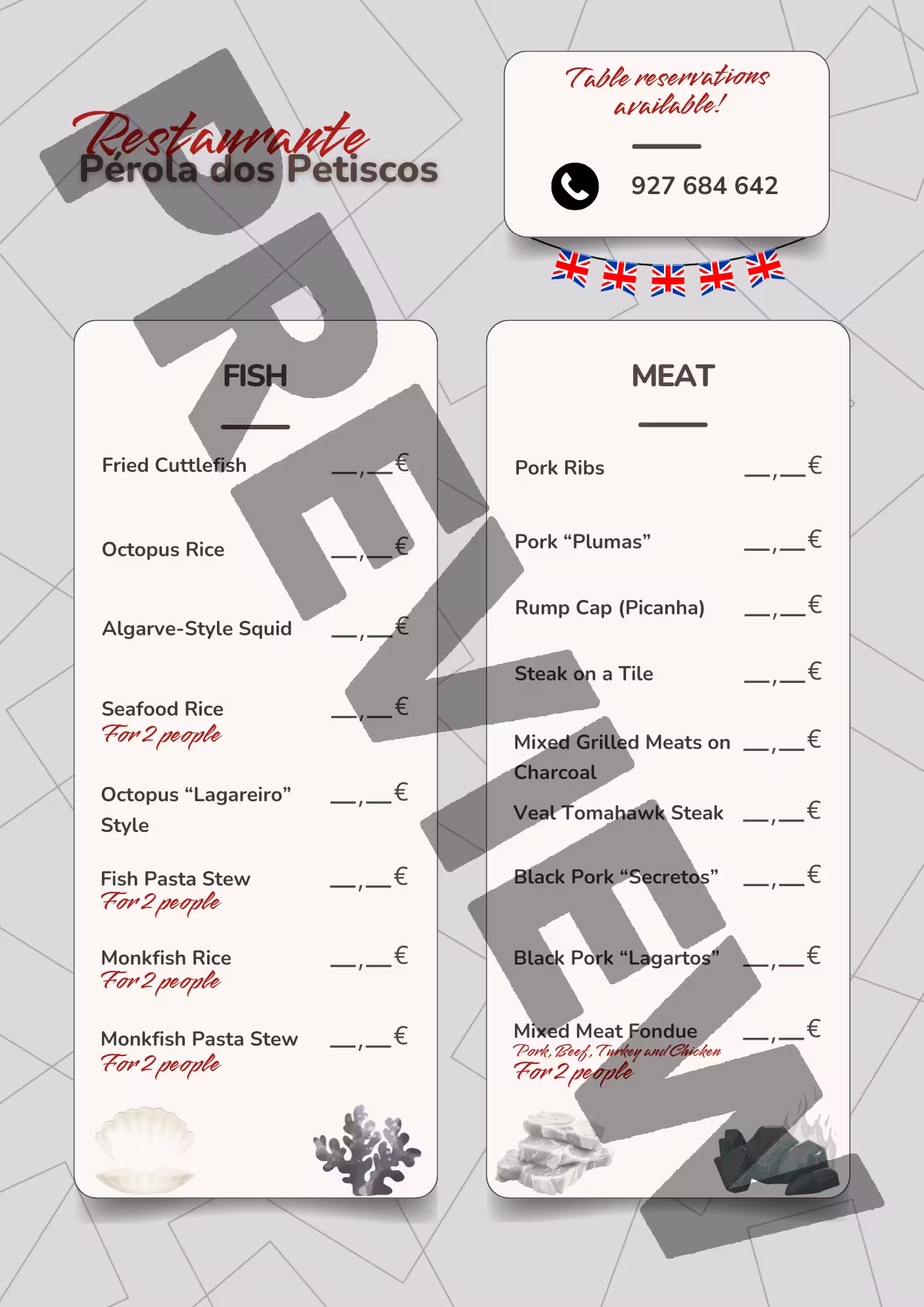 Ementa do Restaurante Pérola dos Petiscos em Inglês
